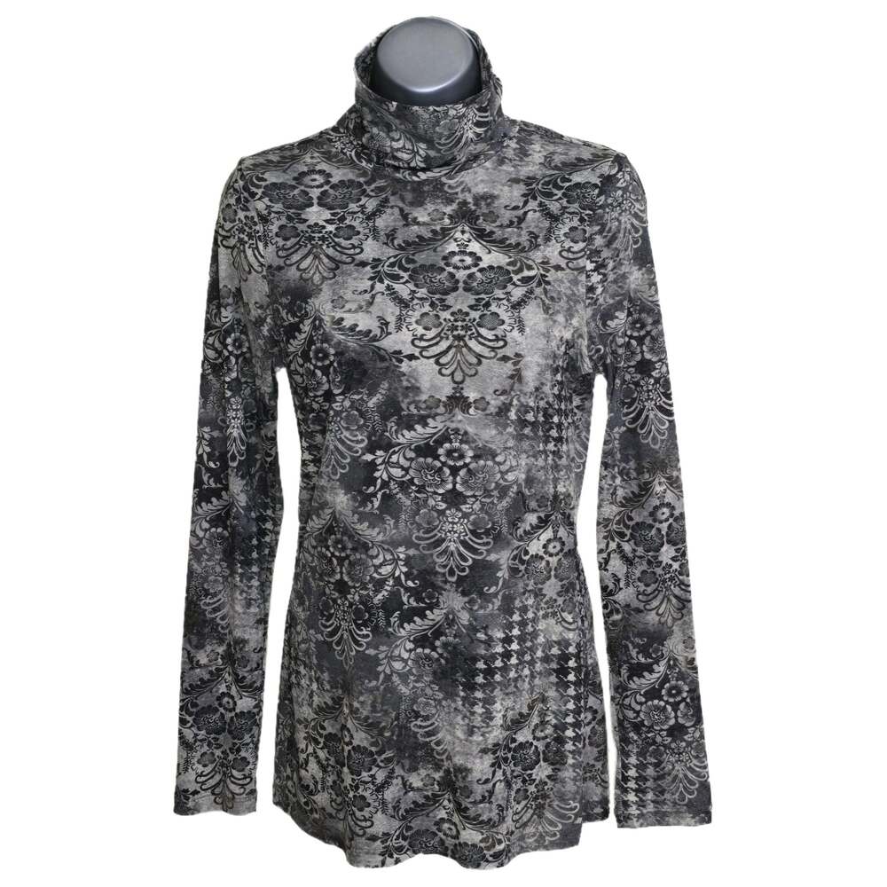 Karen Kane Long Sleeve Mock Turtleneck Top Gray Black Floral Damask L